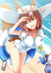 Rule 34 | 10s, 1girl, adidas, animal ears, bikini, bikini bottom only, blush, breasts, brown hair, cleavage, collarbone, day, fate/extra, fate/grand order, fate (series), fox, fox ears, fox tail, hat, innertube, jewelry, joko jmc, large breasts, long hair, looking at viewer, necklace, ocean, open mouth, outdoors, parasol, pink hair, ribbon, solo, swim ring, swimsuit, tail, tamamo (fate), tamamo no mae (fate/extra), tamamo no mae (swimsuit lancer) (fate), type-moon, umbrella, yellow eyes