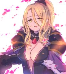 Rule 34 | 1girl, armor, black dress, blonde hair, blurry, blurry background, breasts, capelet, center opening, christina (princess connect!), cleavage, depth of field, dress, fur-trimmed capelet, fur trim, gucchiann, hair between eyes, half-closed eyes, highres, jewelry, long hair, looking at viewer, medium breasts, parted bangs, parted lips, pauldrons, pendant, ponytail, princess connect!, purple capelet, shoulder armor, smile, solo, upper body, white background, yellow eyes