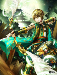 Rule 34 | 1boy, architecture, armor, arrow (projectile), blonde hair, boots, bow (weapon), box (hotpppink), bracer, cable, cape, drawing bow, east asian architecture, feathers, fingerless gloves, gloves, greaves, green eyes, highres, holding, holding bow (weapon), holding weapon, male focus, official art, plank, sengoku kishin valkyrie, solo, weapon