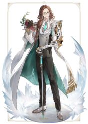 Rule 34 | 1boy, absurdres, alice in wonderland, book, brown dust 2, cane, cape, chap sal !, glasses, highres, holding, holding book, holding cane, long hair, mechanical arms, necktie, olstein (brown dust), scarf, single mechanical arm, tuxedo