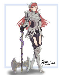 Rule 34 | 1girl, armor, axe, black dress, black gloves, bracer, breastplate, cherche (fire emblem), cm lynarc, commentary request, dress, fire emblem, fire emblem awakening, full body, gloves, greaves, grey hairband, hairband, highres, long hair, looking at viewer, nintendo, pauldrons, red eyes, red hair, shoulder armor, simple background, smile, solo, standing, very long hair, weapon, white background