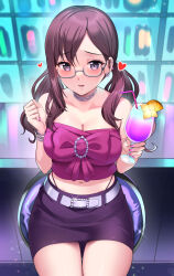 Rule 34 | 1girl, absurdres, arms up, belt, blush, bracelet, breasts, brown hair, choker, cleavage, cocktail glass, collarbone, commentary, cowboy shot, crop top, cup, drink, drinking glass, drinking straw, earrings, food, fruit, glasses, heart, highres, idolmaster, idolmaster cinderella girls, jewelry, large breasts, looking at viewer, low twintails, applying manicure, midriff, miniskirt, nail polish, on stool, orange (fruit), orange slice, parted lips, pink nails, purple eyes, rumo, shirt, sitting, skirt, solo, strapless, strapless shirt, twintails, yagami makino
