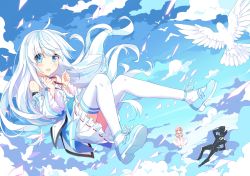 Rule 34 | 1boy, 2girls, absurdres, artist request, bird, blue eyes, day, detached sleeves, dove, floating hair, highres, kuuki shoujo, long hair, looking at viewer, mary janes, multiple girls, open mouth, shoes, skirt, sky, solo focus, the personfication of atmosphere, the personification of atmosphere, thighhighs, white hair