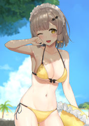 Rule 34 | 1girl, absurdres, beach, bikini, blue sky, blunt bangs, bow, breasts, brown hair, cloud, collarbone, commentary request, day, hair bow, highres, holding, holding swim ring, hukahito, innertube, large breasts, looking at viewer, maid headdress, navel, ocean, one eye closed, open mouth, palm tree, parted bangs, production kawaii, shee icho, side-tie bikini bottom, sky, solo, summer, swim ring, swimsuit, tree, virtual youtuber, yellow bikini, yellow bow, yellow eyes