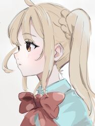 Rule 34 | 1girl, ahoge, blonde hair, bocchi the rock!, bow, bowtie, braid, braided ponytail, close-up, collared shirt, commentary, from side, highres, ijichi nijika, light blush, light brown background, long hair, looking ahead, parted bangs, parted lips, polka dot, polka dot bow, polka dot bowtie, red bow, red bowtie, red eyes, shirt, side ponytail, sidelocks, simple background, solo, ukitaryu, upper body, white shirt