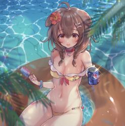 Rule 34 | 1girl, :d, adapted costume, ahoge, animal ears, armpit crease, bikini, blurry, blush, bone hair ornament, braid, brand name imitation, breasts, brown hair, can, choker, cleavage, commentary, depth of field, dog ears, dog girl, drink can, flower, food, glint, hair between eyes, hair flower, hair ornament, hibiscus, highres, holding, holding can, hololive, innertube, inugami korone, inugami korone (1st costume), lifebuoy, looking at viewer, medium breasts, medium hair, midriff, navel, oimo 0imo, open mouth, outdoors, partially submerged, popsicle, red choker, scrunchie, side braids, smile, soda can, solo, swim ring, swimsuit, thigh gap, thighs, tree, twin braids, virtual youtuber, water, wet, wrist scrunchie, yellow bikini
