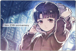 Rule 34 | 1girl, animal costume, anniversary, asymmetrical hair, bear costume, black hair, brown eyes, brown hair, cable, expressionless, hair ornament, hairclip, highres, iwakura lain, looking at viewer, parted lips, sakino shingetsu, serial experiments lain, server, single sidelock, solo, upper body, x hair ornament