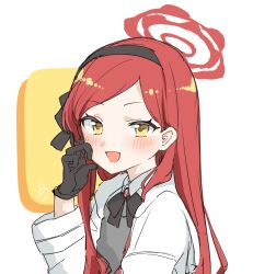 Rule 34 | 1girl, black gloves, black hairband, blue archive, blush, eyelashes, gloves, hairband, halo, highres, long hair, long sleeves, looking at viewer, open mouth, red hair, simple background, solo, takane (blue archive), unot 227, upper body, yellow eyes