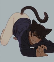 Rule 34 | 10s, 1boy, animal ears, barefoot, black hair, blue background, blurry, bottomless, brown eyes, cat boy, cat ears, cat tail, claw pose, depth of field, grin, hair between eyes, highres, hood, hood down, hoodie, kemonomimi mode, long sleeves, looking at viewer, male focus, matsuno karamatsu, osomatsu-kun, osomatsu-san, osomatsu (series), palms, sanpaku, shade, simple background, smile, solo, tail, top-down bottom-up, weyowang