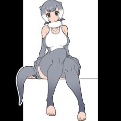 Rule 34 | 10s, 1girl, animal ears, bad id, bad twitter id, barefoot, black eyes, breasts, elbow gloves, feet, fingerless gloves, gloves, grey gloves, grey hair, grey thighhighs, kemono friends, large breasts, looking at viewer, multicolored hair, no shoes, open mouth, pillarboxed, short hair, simple background, sitting, small-clawed otter (kemono friends), solo, sueyuu, tail, thick thighs, thighhighs, thighs, toeless legwear, toes, two-tone hair, white hair, wide hips