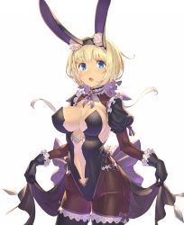 Rule 34 | 1girl, animal ears, black gloves, blonde hair, blue eyes, blush, breasts, center opening, cleavage, clothes lift, dress, dress lift, etrian odyssey, fake animal ears, gloves, highres, juliet sleeves, large breasts, leotard, long sleeves, open mouth, phalanx (sekaiju), playboy bunny, puffy sleeves, rabbit ears, rabbit tail, sekaiju no meikyuu, sekaiju no meikyuu 3, short hair, simple background, smile, solo, tail, takamine nadare, white background
