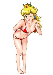 Rule 34 | 1girl, barefoot, bikini, blonde hair, blue eyes, blush, breasts, cleavage, crown, earrings, full body, highres, index finger raised, jewelry, knees together feet apart, leaning forward, legs, looking at viewer, mario (series), medium breasts, navel, nintendo, one eye closed, open mouth, pigeon-toed, princess peach, red bikini, simple background, solo, standing, super smash bros., swimsuit, tetsurou (teturo10), thigh gap, white background, wink