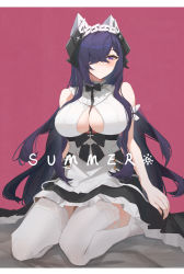 Rule 34 | 1girl, absurdres, artist name, august von parseval (azur lane), august von parseval (the conquered unhulde) (azur lane), azur lane, between breasts, black dress, breasts, center opening, crossed bangs, curled horns, dress, full body, hair over one eye, highres, horns, lace, lace-trimmed legwear, lace trim, large breasts, long hair, looking at viewer, mechanical horns, official alternate costume, one eye covered, purple background, purple eyes, purple hair, seiza, simple background, sitting, sleeveless, sleeveless dress, solo, strap between breasts, summer (724788381), thighhighs, two-tone dress, white dress, white thighhighs