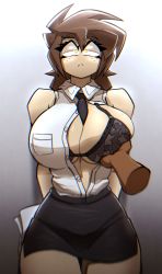 Rule 34 | 1girl, :&lt;, absurdres, against wall, arms behind back, between breasts, black necktie, black skirt, blouse, blurry, bra, breasts, brown hair, cleavage, commentary, constricted pupils, depth of field, english commentary, freckles, grey bra, hado (zzzhadozzz), highres, huge breasts, interracial, kyurby (hado (zzzhadozzz)), medium hair, miniskirt, mullet, narrow waist, navel, necktie, necktie between breasts, office lady, one breast out, original, pencil skirt, pov, pov hands, shirt, skirt, sleeveless, sleeveless shirt, solo focus, thick thighs, thigh gap, thighs, unbuttoned, unbuttoned shirt, underwear, yellow eyes