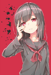 Rule 34 | 1girl, black hair, black sailor collar, black shirt, breasts, collarbone, commentary request, hand on own face, hand up, head tilt, kuresuku (lessons), long sleeves, looking at viewer, medium hair, neckerchief, original, parted bangs, parted lips, red background, red eyes, red neckerchief, sailor collar, sailor shirt, shirt, small breasts, solo, thick eyelashes, upper body