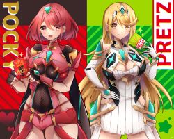 Rule 34 | 2girls, absurdres, amanoru mozuku, bare legs, bare shoulders, black gloves, blonde hair, breasts, chest jewel, cleavage, cleavage cutout, clothing cutout, dress, earrings, elbow gloves, fingerless gloves, gloves, highres, jewelry, large breasts, long hair, multiple girls, mythra (xenoblade), pocky day, pyra (xenoblade), red eyes, red hair, red shorts, short dress, short hair, short shorts, shorts, swept bangs, thighhighs, tiara, very long hair, white dress, white gloves, xenoblade chronicles (series), xenoblade chronicles 2, yellow eyes