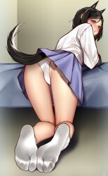 Rule 34 | 1girl, animal ears, ass, blue skirt, blush, closed mouth, dirty, dirty feet, dog ears, dog girl, dog tail, feet, from behind, full body, highres, kneeling, kuroda kunika, looking at viewer, looking back, medium hair, nikishiko, noble witches, panties, pantyshot, pleated skirt, pout, shirt, skirt, socks, soles, tail, thighs, toes, underwear, white panties, white shirt, white socks, world witches series