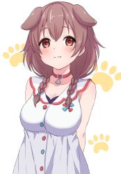 Rule 34 | 1girl, :3, animal collar, animal ears, arms behind back, blush, braid, breasts, brown eyes, brown hair, buttons, closed mouth, collar, collarbone, commentary, dog ears, dog girl, dress, extra ears, hair between eyes, highres, hololive, inugami korone, inugami korone (1st costume), large breasts, long hair, looking at viewer, low twin braids, minatsuki hitoka, paw print, paw print background, red collar, simple background, sleeveless, sleeveless dress, solo, twin braids, upper body, virtual youtuber, white background, white dress