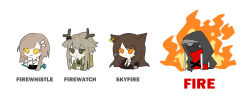 Rule 34 | 1boy, 3girls, animal ears, arknights, black jacket, black necktie, brown hair, character name, chibi, closed mouth, expressionless, fire, firewatch (arknights), firewhistle (arknights), fox ears, green eyes, grey hair, hateful avenger (arknights), highres, hood, hood up, hooded jacket, jacket, multiple girls, name connection, necktie, red scarf, scarf, shirt, simple background, skyfire (arknights), smile, upper body, white background, white shirt, xity, yellow eyes