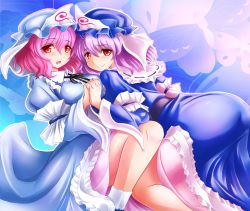 Rule 34 | 2girls, ass, bad id, bad pixiv id, breasts, bug, butterfly, clone, female focus, frills, holding hands, hat, highres, bug, japanese clothes, large breasts, multiple girls, pink hair, purple hair, red eyes, saigyouji yuyuko, shin&#039;en (gyokuro company), short hair, smile, touhou, yuri
