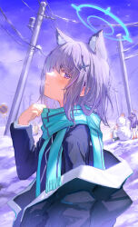 Rule 34 | 4girls, absurdres, animal ear fluff, animal ears, black jacket, blue archive, blue halo, blue scarf, blush, cross hair ornament, extra ears, grey hair, hair ornament, halo, highres, hoshino (blue archive), jacket, long sleeves, looking at viewer, medium hair, multiple girls, nonomi (blue archive), okomekura, open clothes, open jacket, power lines, purple eyes, scarf, serika (blue archive), shiroko (blue archive), snow, snowman, utility pole, wolf ears