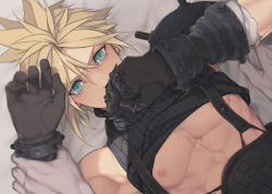 Rule 34 | abs, aqua eyes, armor, bandaged arm, bandages, bed sheet, belt, blonde hair, clothes lift, cloud strife, crying, disembodied limb, earrings, final fantasy, final fantasy vii, final fantasy vii remake, gloves, hair between eyes, hand to own mouth, holding another&#039;s wrist, jewelry, kiki lala, looking at viewer, lying, male focus, muscular, muscular male, on back, pectorals, shirt lift, short hair, shoulder armor, single earring, sleeveless, sleeveless turtleneck, spiked hair, suspenders, tears, turtleneck, upper body