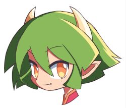Rule 34 | 1girl, brown eyes, closed mouth, cropped shoulders, draco centauros, dragon horns, fang, green hair, hair between eyes, highres, horns, ikyllua, looking at viewer, madou monogatari, puyopuyo, short hair, simple background, smile, solo, white background, white horns