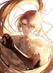 Rule 34 | 1girl, blonde hair, chain, fur trim, hand up, highres, korean commentary, long hair, looking at viewer, aged up, omniscient reader&#039;s viewpoint, ponytail, serious, shin yoosung, shine s247, solo, upper body, white background, yellow eyes