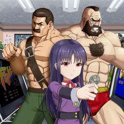 Rule 34 | 1girl, 2boys, abs, arcade, arcade cabinet, beard, blue eyes, brown eyes, brown hair, chest hair, clenched hand, coin, dress, facial hair, final fight, green pants, guile, high score girl, highres, indoors, long sleeves, mike haggar, mohawk, multiple boys, muscular, mustache, navel, neck ribbon, oono akira, pants, pink eyes, pink ribbon, poster (object), purple dress, purple hair, ribbon, standing, street fighter, taka (takahirokun), veins, zangief