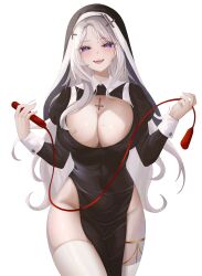Rule 34 | 1girl, absurdres, artist request, black dress, breasts, cleavage, cleavage cutout, clothing cutout, collarbone, cowboy shot, cross, dress, eyelashes, grey hair, habit, highres, inverted cross, large breasts, lee rein, long hair, mole, mole on breast, mole under eye, nun, open mouth, pelvic curtain, purple eyes, solo, teeth, thighhighs, upper teeth only, virtual youtuber, vlyz, white thighhighs