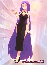 Rule 34 | 1girl, absurdly long hair, bare arms, bare shoulders, black footwear, blush, breasts, commentary, covered navel, cup, drinking glass, fate/grand order, fate (series), full body, high heels, highres, indoors, large breasts, long hair, looking at viewer, medusa (fate), medusa (lancer) (fate), medusa (rider) (fate), parted lips, purple eyes, purple hair, rider, rtil, shoes, side slit, smile, solo, very long hair