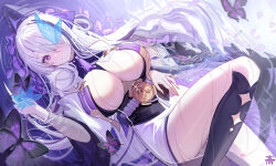 Rule 34 | 1girl, absurdres, azur lane, blush, breasts, bug, butterfly, closed mouth, hair ornament, hair over one eye, highres, insect, kneehighs, large breasts, looking at viewer, lying, multicolored hair, on back, one eye covered, partially submerged, purple eyes, purple hair, socks, solo, streaked hair, tansuan (ensj3875), thighs, unzen (azur lane), water, wet, white hair