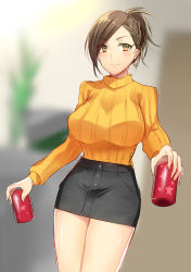 Rule 34 | 10s, 1girl, blurry, braid, breasts, brown eyes, brown hair, can, commentary request, cowboy shot, depth of field, dress, drink can, fuchina, hyodo rena, idolmaster, idolmaster cinderella girls, jewelry, large breasts, looking at viewer, miniskirt, pencil skirt, ribbed sweater, short hair, sidelocks, skirt, smile, soda can, solo, sweater, sweater dress, turtleneck, turtleneck sweater