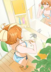 1girl ass bathroom bikini blue_bikini blurry blurry_foreground breasts character_request closed_mouth collarbone commentary_request copyright_request cup double-parted_bangs from_above green_eyes hair_between_eyes highres holding holding_toothbrush indoors looking_at_mirror medium_breasts mikan_(mikan_no_happa) mirror navel orange_hair plant reflection side-tie_bikini_bottom sink smile solo standing swimsuit toothbrush towel towel_rack