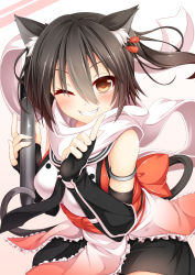 Rule 34 | 10s, 1girl, :d, absurdres, animal ears, black gloves, black hair, brown eyes, cat ears, cat tail, elbow gloves, fingerless gloves, gloves, grin, hair ornament, highres, holding, kantai collection, kemonomimi mode, looking at viewer, open mouth, scarf, school uniform, sendai (kancolle), sendai kai ni (kancolle), serafuku, smile, solo, tail, torpedo, two side up, wakagi repa