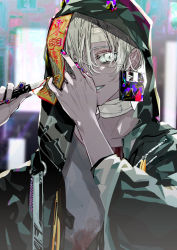 Rule 34 | 1boy, bandaged neck, bandages, black jacket, black nails, black sclera, blood, blood on clothes, bloody knife, bloody weapon, blue nails, blurry, blurry background, bright pupils, chromatic aberration, collarbone, colored sclera, daenarys, earrings, fingernails, floppy disk, grey hair, heterochromia, highres, holding, holding knife, holding weapon, hood, hood up, hooded jacket, horns, horns through headwear, jacket, jewelry, knife, male focus, nail polish, ofuda, open clothes, open jacket, original, parted lips, pink eyes, purple nails, red nails, sleeves rolled up, smile, solo, stab, talisman, upper body, weapon, white eyes, white pupils, zipper, zipper pull tab