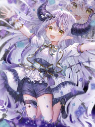 Rule 34 | 1girl, birthday, grey hair, hololive, la+ darknesss, long hair, looking at viewer, multicolored hair, open mouth, short sleeves, smile, solo, streaked hair, toujou kanon, yellow eyes