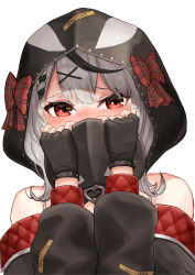 Rule 34 | 1girl, absurdres, animal hood, bare shoulders, black gloves, black hair, commentary request, covering own mouth, fingerless gloves, gloves, hair ornament, highres, hololive, holox, hood, hoshibudou, looking at viewer, multicolored hair, orca hood, red eyes, sakamata chloe, sakamata chloe (1st costume), solo, streaked hair, upper body, virtual youtuber, x hair ornament