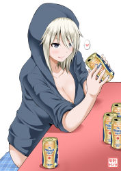 Rule 34 | 1girl, :d, alcohol, beer, beer can, blonde hair, blush, brand name imitation, breast rest, breasts, can, cleavage, collarbone, commentary request, cushion, drink can, drinking, grey eyes, hair between eyes, heart, highres, hood, hood up, hoodie, large breasts, looking at viewer, no pants, open clothes, open hoodie, open mouth, original, panties, purple eyes, sabo rina, sitting, sketch, sleeves rolled up, smile, solo, spoken heart, tongue, tongue out, underwear, white background, yano toshinori