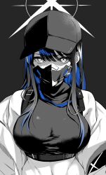 Rule 34 | 1girl, absurdres, bare shoulders, baseball cap, blue archive, blue hair, breasts, chest harness, coat, colored inner hair, crop top, greyscale, halo, harness, hat, highres, large breasts, long hair, long sleeves, looking at viewer, mask, midriff, monochrome, mouth mask, multicolored hair, navel, off shoulder, open clothes, open coat, saori (blue archive), shirt, sleeveless, sleeveless shirt, spot color, yuuki shin