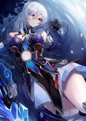 Rule 34 | 1girl, absurdres, afloat, bare shoulders, black gloves, blue sleeves, breasts, detached sleeves, flower, flower on liquid, gloves, high ponytail, highres, holding, holding sword, holding weapon, honkai: star rail, honkai (series), jingliu (honkai: star rail), large breasts, long hair, lying, on back, partially submerged, petals, petals on liquid, ponytail, red eyes, sayagata, shafpng, skirt, solo, sword, thighs, water, weapon, white flower, white hair, white skirt