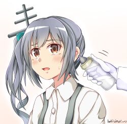 Rule 34 | 1girl, 1other, baby bottle, bottle, collared shirt, commentary request, dress shirt, gradient background, grey hair, highres, kantai collection, kasumi (kancolle), koutetunamekuji, long hair, machinery, mast, shirt, side ponytail, suspenders, upper body, white background, white shirt