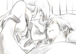 Rule 34 | 00s, 1boy, 1girl, blush, c.c., clenched teeth, code geass, exhausted, closed eyes, greyscale, lelouch vi britannia, long hair, lying, monochrome, on back, open mouth, pillow, sick, sleeping, straitjacket, teeth