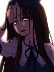 Rule 34 | 1girl, annoyed, brown hair, hair ribbon, hand on own forehead, lips, long hair, looking at viewer, miata (miata8674), open mouth, ribbon, short sleeves, sidelocks, simple background, solo, star sapphire, touhou, upper body, white background, yellow eyes