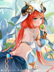 Rule 34 | 1girl, apple, arm support, bare back, blue eyes, blue skirt, commentary, crop top, food, from behind, fruit, genshin impact, hamonji, hand up, highres, holding, holding food, holding fruit, horns, long hair, long sleeves, looking at viewer, looking back, midriff, nilou (genshin impact), parted lips, red hair, skirt, solo, veil, very long hair
