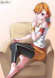 Rule 34 | 1girl, absurdres, armchair, barefoot, breasts, chair, cleavage, feet, finger in own mouth, finger to mouth, full body, highres, leggings, light blush, long hair, looking at viewer, love live!, love live! superstar!!, medium breasts, orange hair, purple eyes, shibuya kanon, sitting, soles, solo, toes, twitter username, yzlkun