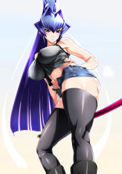 Rule 34 | 1girl, bare shoulders, blue eyes, breasts, denim, denim shorts, hand on own hip, highres, impossible clothes, impossible shirt, large breasts, long hair, mitsurugi meiya, muv-luv, navel, purple hair, shino (comic penguin club), shirt, shorts, smile, solo, thick thighs, thighhighs, thighs, unzipped