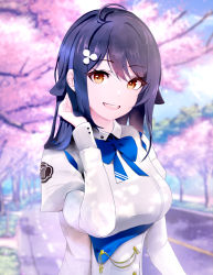 Rule 34 | 1girl, azur lane, beefusteku, blue bow, blue bowtie, blue hair, blurry, blurry background, bow, bowtie, breasts, brown eyes, cherry blossoms, choukai (azur lane), dress, hair ornament, hairclip, hand in own hair, highres, large breasts, long hair, long sleeves, looking at viewer, open mouth, road, smile, solo, spring (season), standing, teeth, uniform, upper body, upper teeth only, white dress