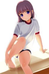 Rule 34 | 1girl, arm support, backlighting, barefoot, dutch angle, feet, gym shorts, gym uniform, hands on feet, highres, long hair, looking at viewer, matsunaga kouyou, original, purple eyes, purple hair, short sleeves, shorts, sitting, solo, toes, white background