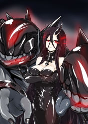 Rule 34 | 10s, 1girl, absurdres, abyssal ship, bare shoulders, battleship water oni, black dress, black gloves, black hair, breasts, cleavage, crossed bangs, dress, elbow gloves, gloves, glowing, glowing eyes, highres, horns, kantai collection, large breasts, long hair, red eyes, sangyou haikibutsu a, single horn, solo, strapless, strapless dress, very long hair